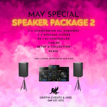 May special speaker package with speakers, DJ controller, stands, cables, and setup for R2450.