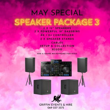 May special speaker package with DJ controller and bass bins for hire.
