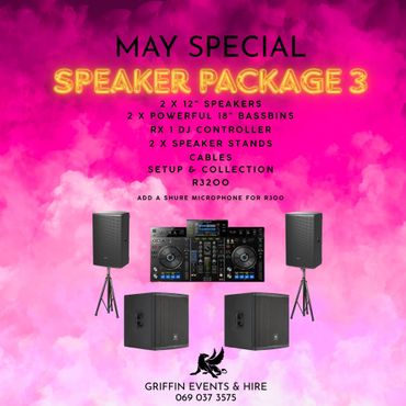 May special speaker package with DJ controller and bass bins for hire.
