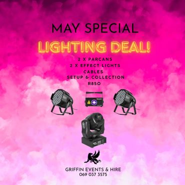 May special lighting deal with par cans and effect lights from Griffin Events &amp; Hire.