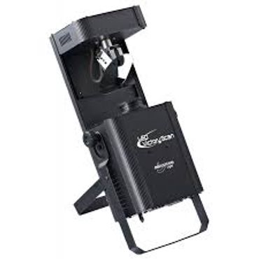 Black stage lighting fixture with adjustable mount and vents.