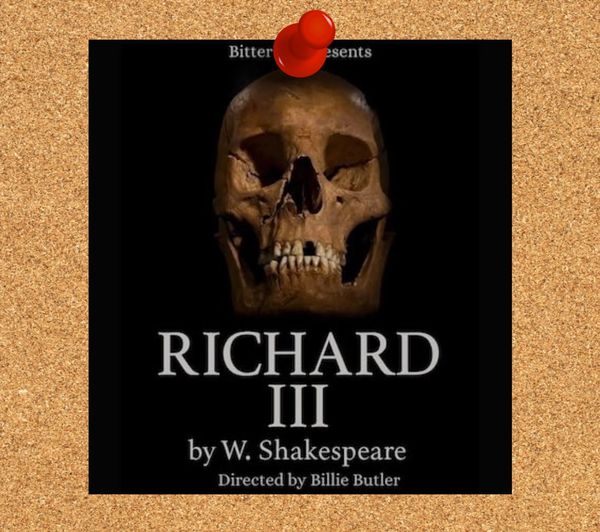 Poster for Shakespeare's Richard III featuring a skull on a black background.