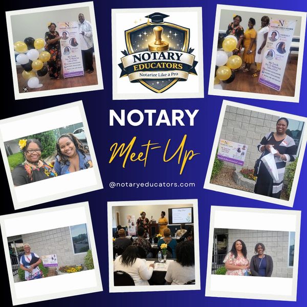 Collage showcasing a Notary Educators Meet-Up event with attendees and presentations.