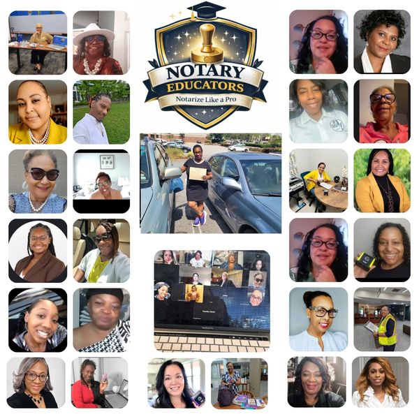 Collage of diverse notary educators showcasing professionalism and community.
