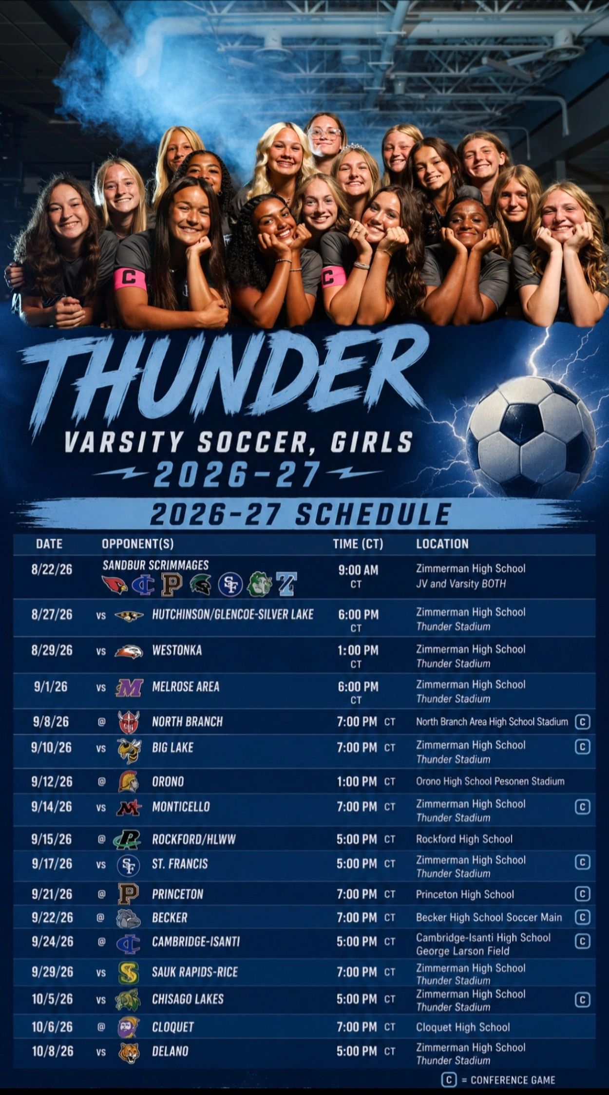 Girls varsity soccer team schedule for 2026-27.