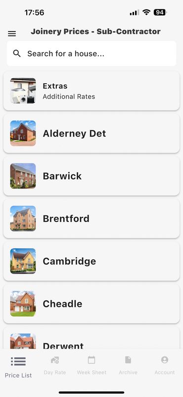Screenshot of the house price list