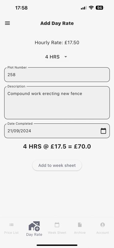 Screenshot of page to add day rate jobs.