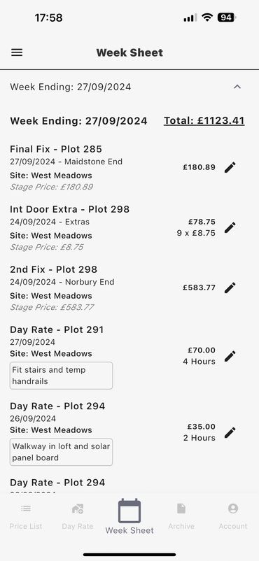 Screenshot of the week sheet.