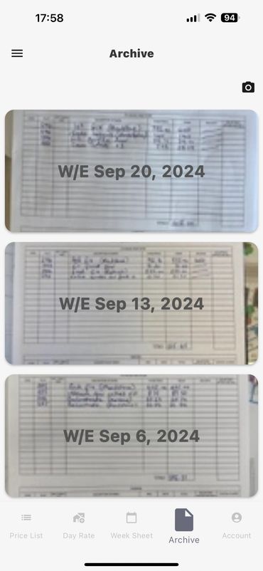 Screenshot of the archived timesheets.