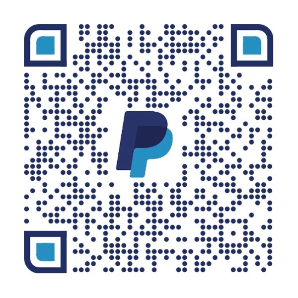 A blue and white QR code with the PayPal logo in the center.