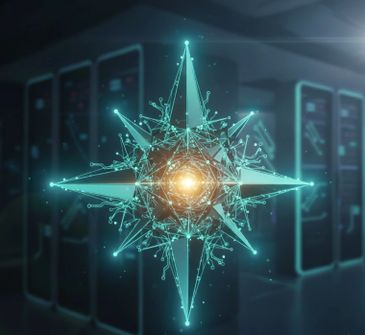 Glowing digital star with network connections inside a server room.