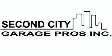 Logo of Second City Garage Pros Inc. with city skyline graphic.