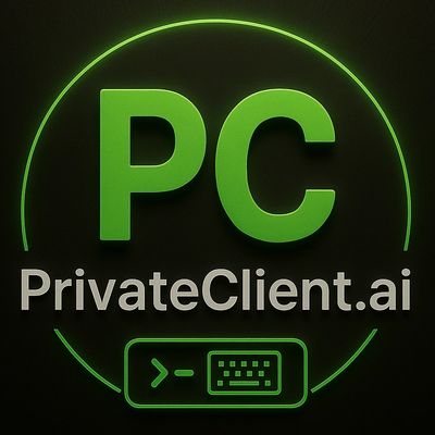 Logo with green 'PC' and text PrivateClient.ai on black background.