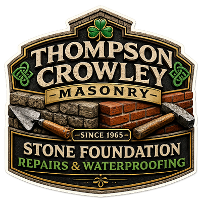 Logo for Thompson Crowley Masonry specializing in stone foundation repairs and waterproofing.