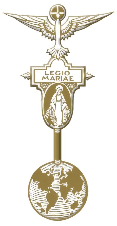 Emblem of Legio Mariae with a dove and globe.