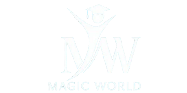 Logo of Magic World School with stylized figure and graduation cap.
