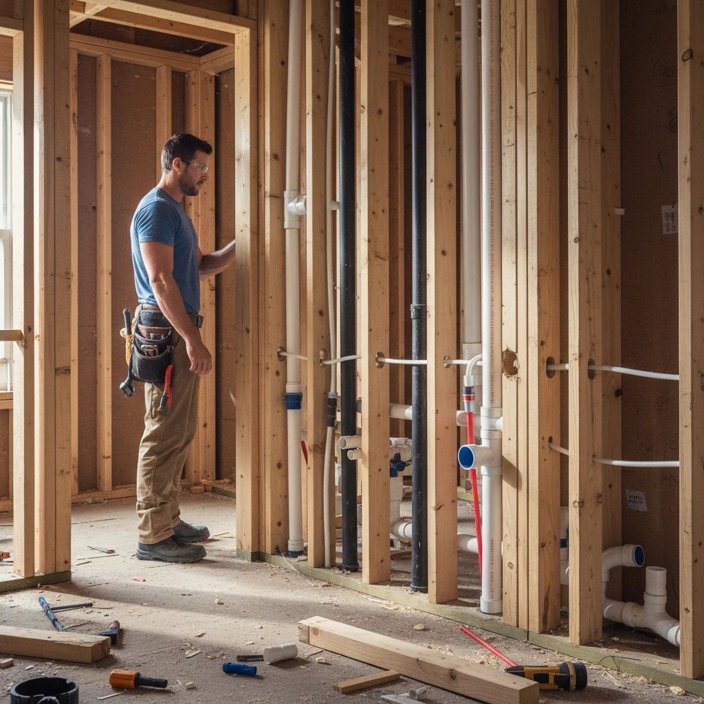 Construction worker inspects plumbing in unfinished wooden framed walls.