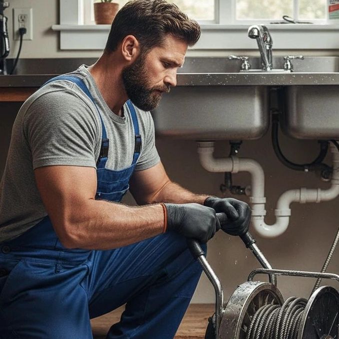 A plumber in gloves working to unclog a kitchen sink drain using a drain cable machine.