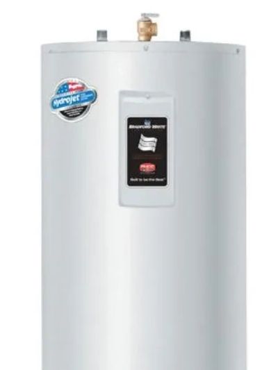 A white cylindrical water heater with brand logos and control panel.