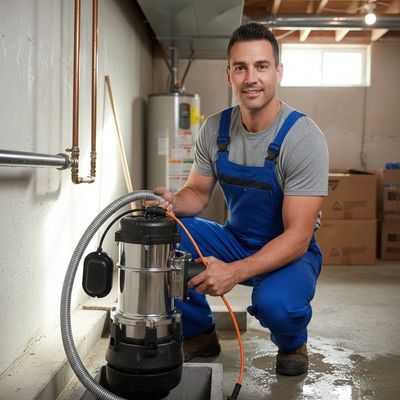 A plumber in blue overalls fixing a sump pump in a basement.