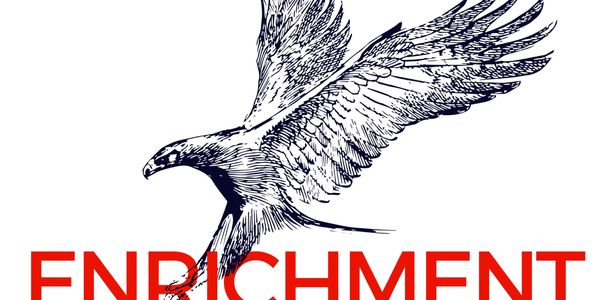 Black and white eagle illustration with the word 'ENRICHMENT' in bold red.