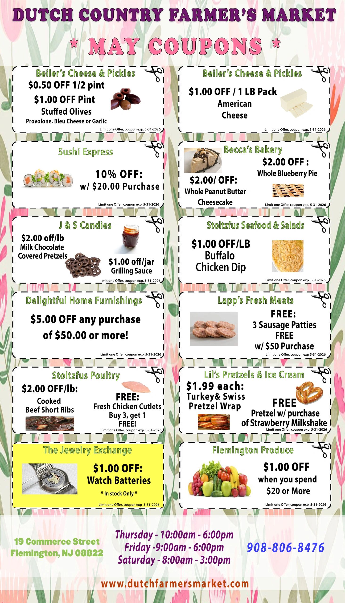 May coupons for Dutch Country Farmer's Market with discounts on cheeses, bakery items, meats, seafood, and more.