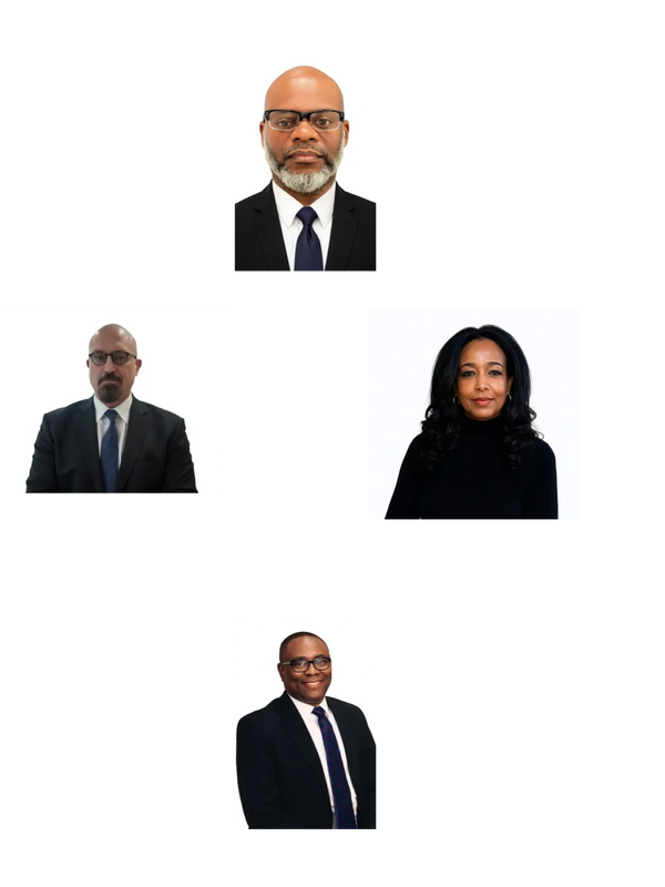 Professional headshots of five diverse individuals in formal attire.