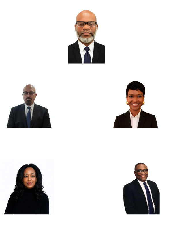 Professional headshots of five diverse individuals in formal attire.