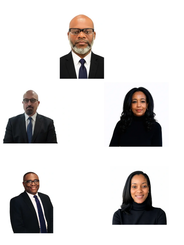 Professional headshots of five diverse individuals in formal attire.