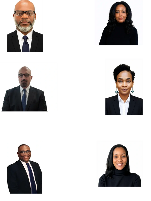 Professional headshots of five diverse individuals in formal attire.