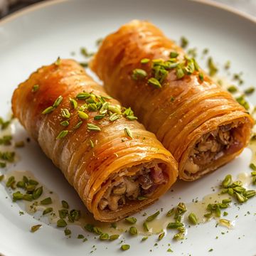 Two pieces of rolled baklava garnished with chopped pistachios on a white plate.