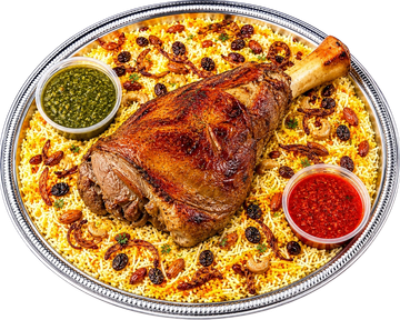 Roasted lamb leg on rice with sauces.