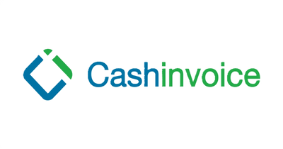 Logo of CashInvoice with blue and green text and a diamond-shaped icon.