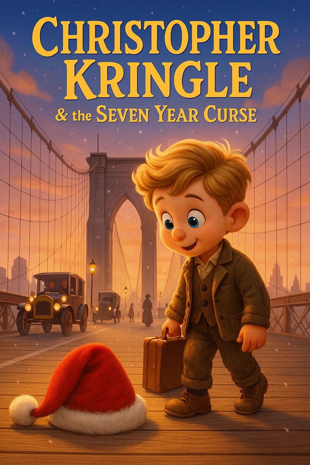 Animated boy with suitcase on a bridge near a Santa hat at sunset.