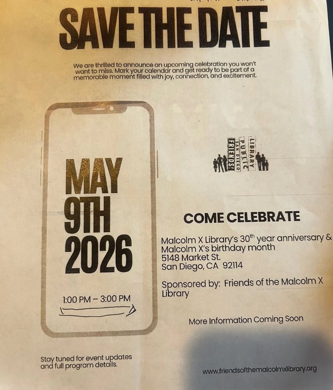 Save the date for Malcolm X Library's 30th anniversary celebration on May 9, 2026.