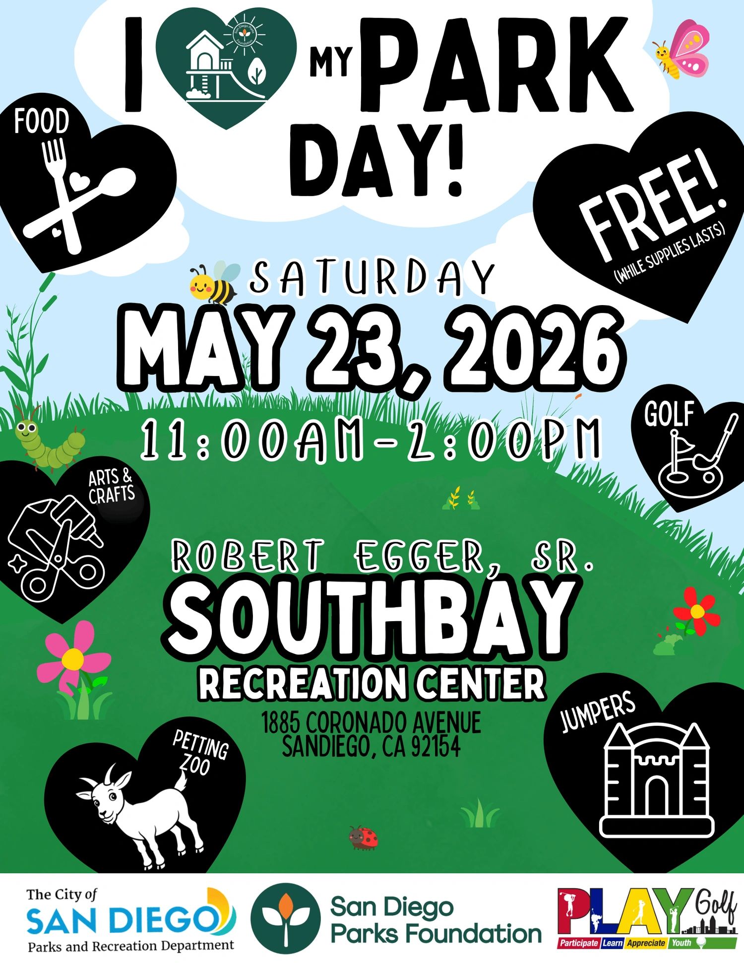 Flyer for I Love My Park Day event on May 23, 2026, at Southbay Recreation Center, San Diego.