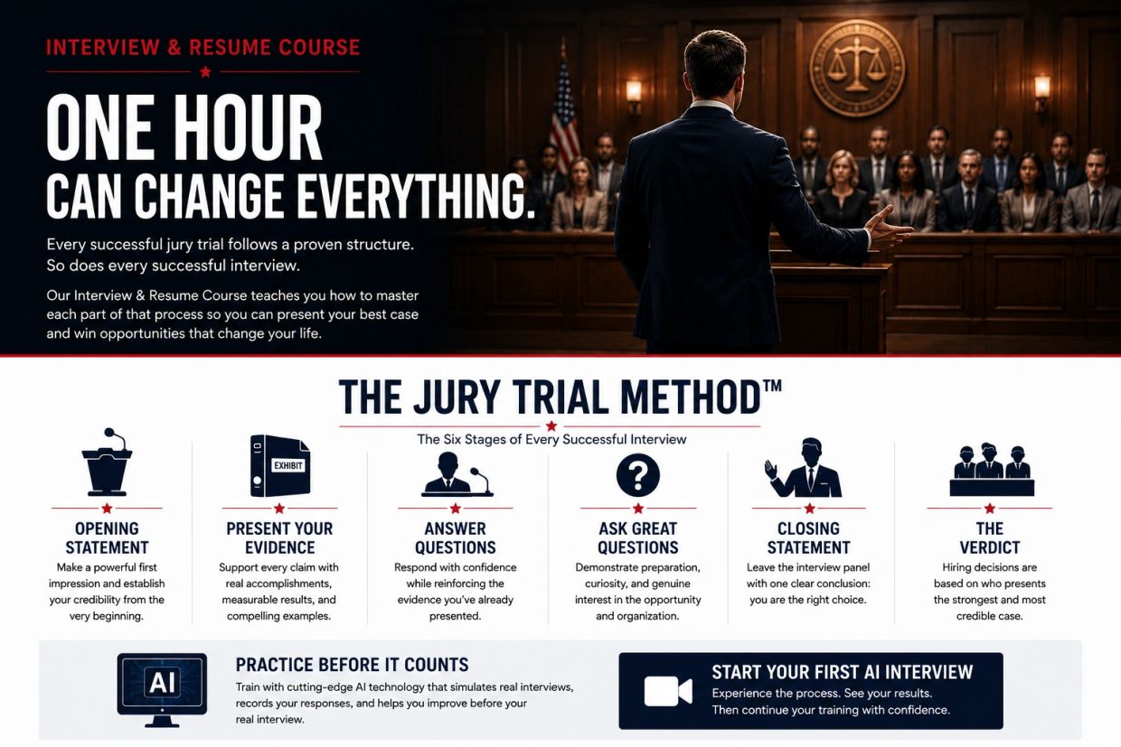 Jury Trial Method interview training teaches veterans and heroes to present evidence, answer questio