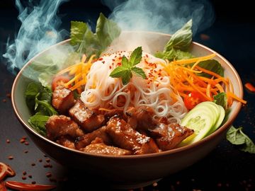 Vietnamese noodle with grilled lemongrass marinated pork, bun thit nuong