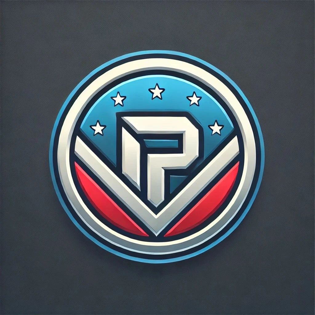 PMC token logo with letter P, stars, chevrons, and patriotic red, white, blue colors.