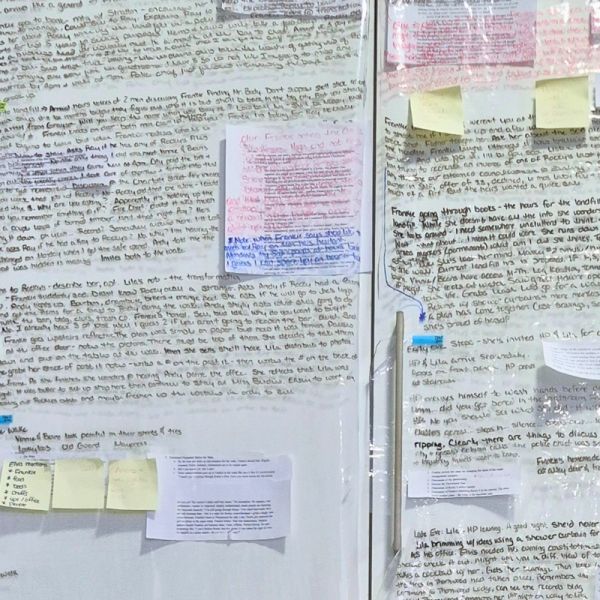 Handwritten notes and typed papers pinned on a board.