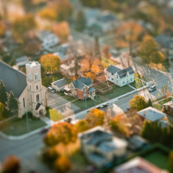 Aerial view of a small residential neighborhood in autumn.