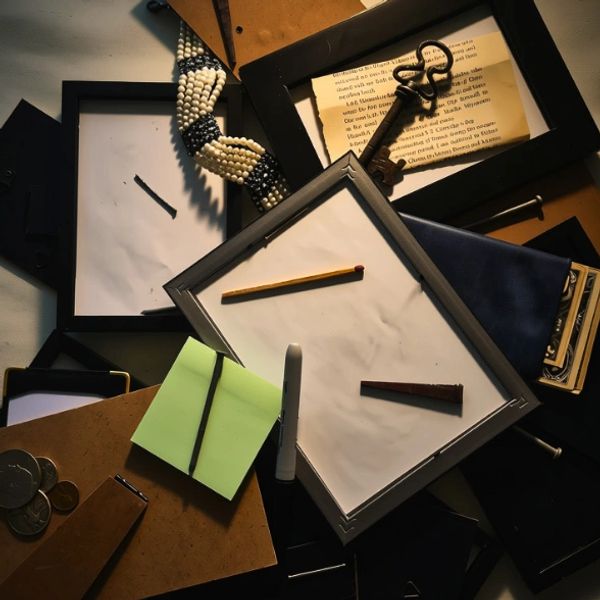 Scattered frames, notes, and an antique key on a dark surface.