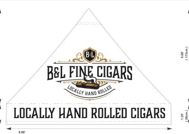 Triangular sign for B&amp;L Fine Cigars, highlighting hand-rolled cigars.