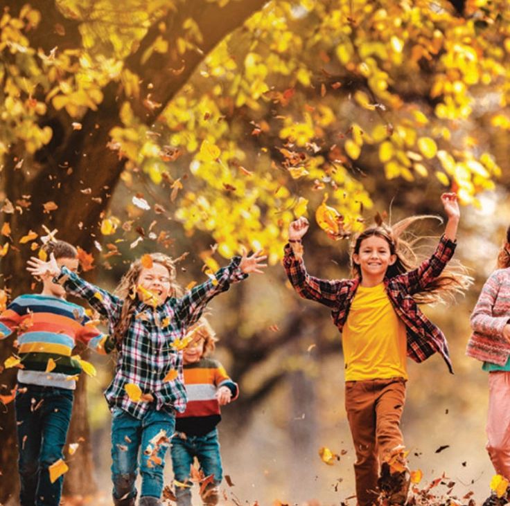 Children joyfully playing in falling autumn leaves.