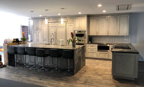 Bay Park custom kitchen with waterfall island