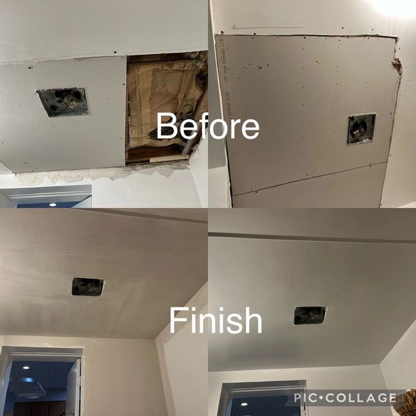 Step-by-step ceiling drywall repair from exposed insulation to smooth finish.