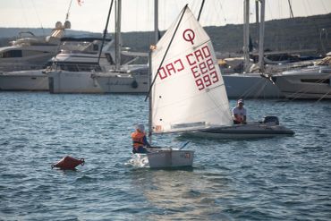 Two small sailboats on calm water near larger yachts in a marina.