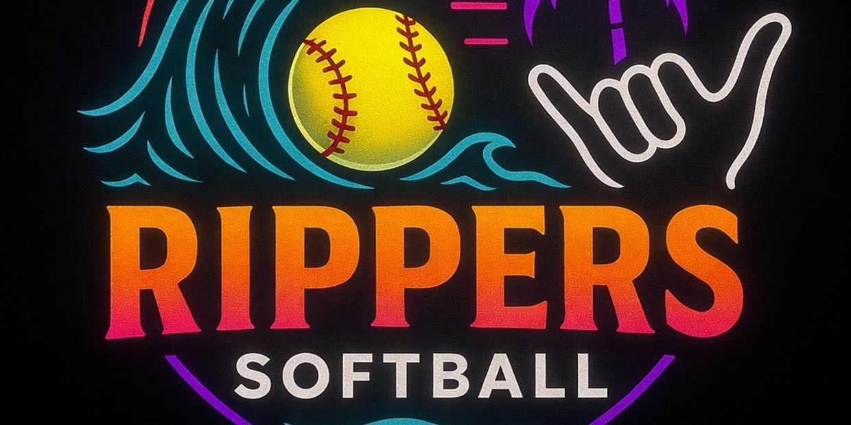 Colorful neon sign featuring a softball and text 'RIPPERS SOFTBALL'.