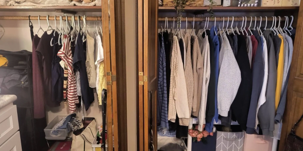 Two sides of a wooden closet with clothes hanging on hangers.