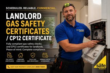Plumber holding a gas safety certificate, promoting landlord compliance.